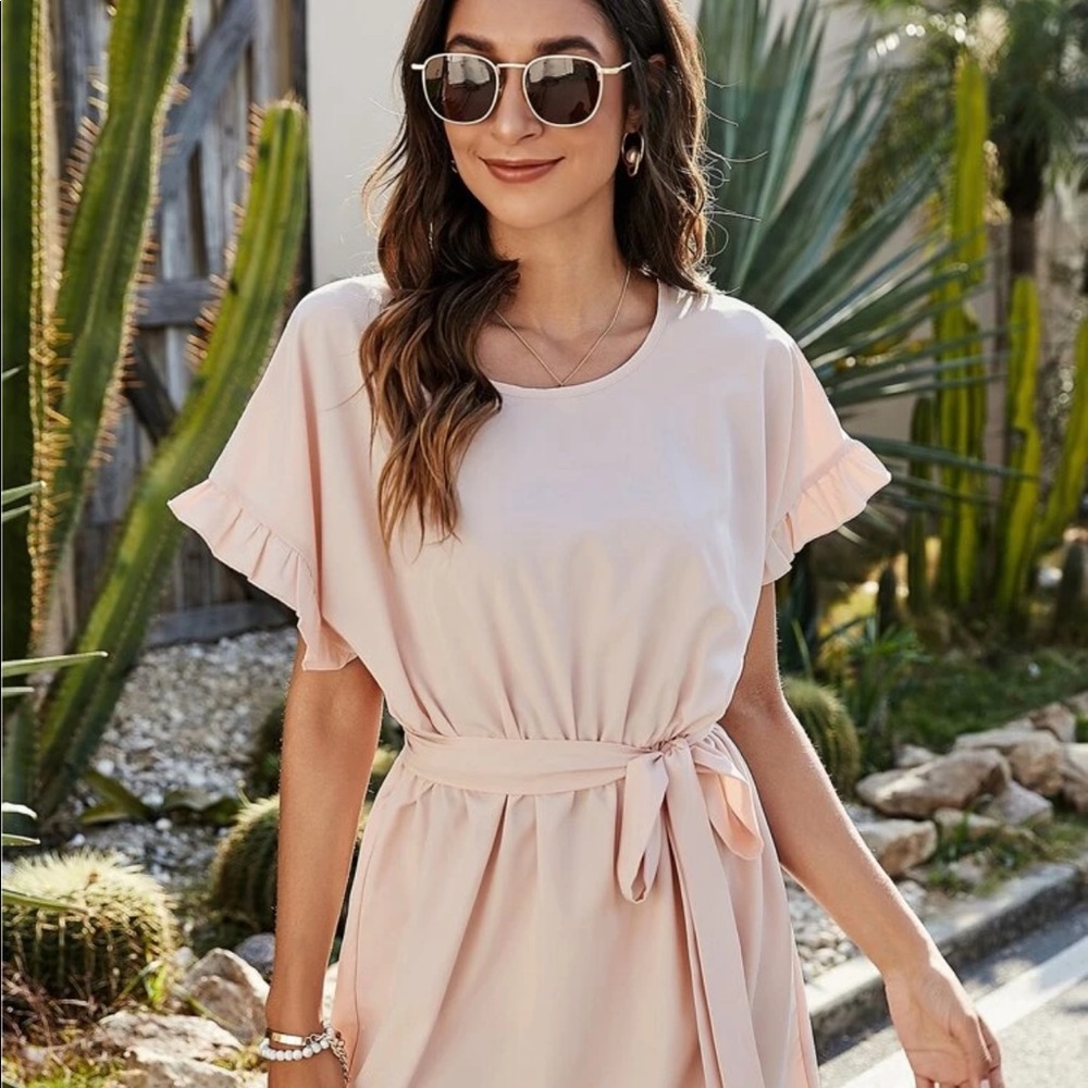 Solid Ruffle Trim Belted Dress